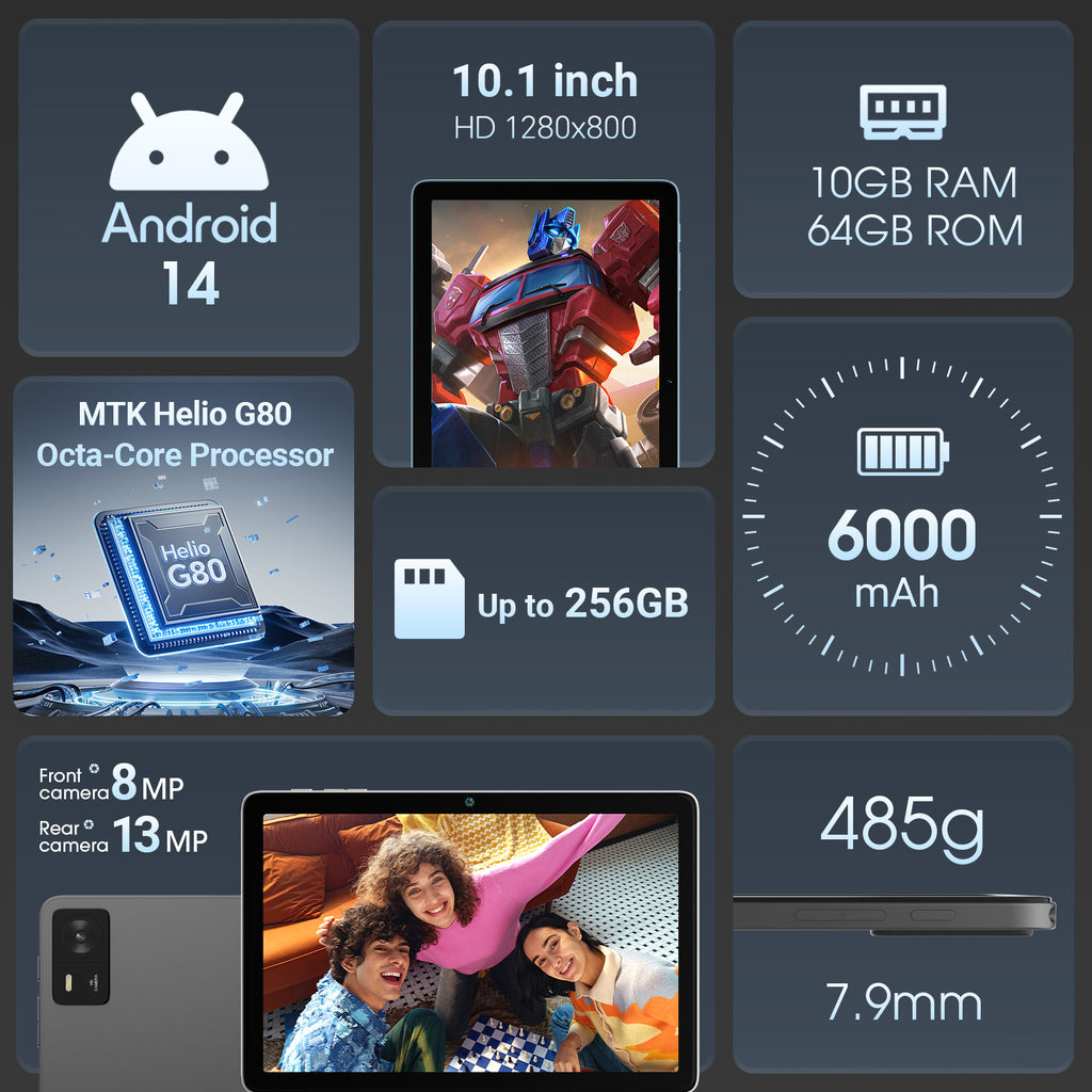 Doundy 10.1 Inch Tablet, Helio G80 Octa-Core, 10+64GB Android Pad, 8+13MP Dual Camera, Long-Lasting Battery for Work & Play Tablet Computer