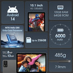 Doundy 10.1 Inch Tablet, Helio G80 Octa-Core, 10+64GB Android Pad, 8+13MP Dual Camera, Long-Lasting Battery for Work & Play Tablet Computer