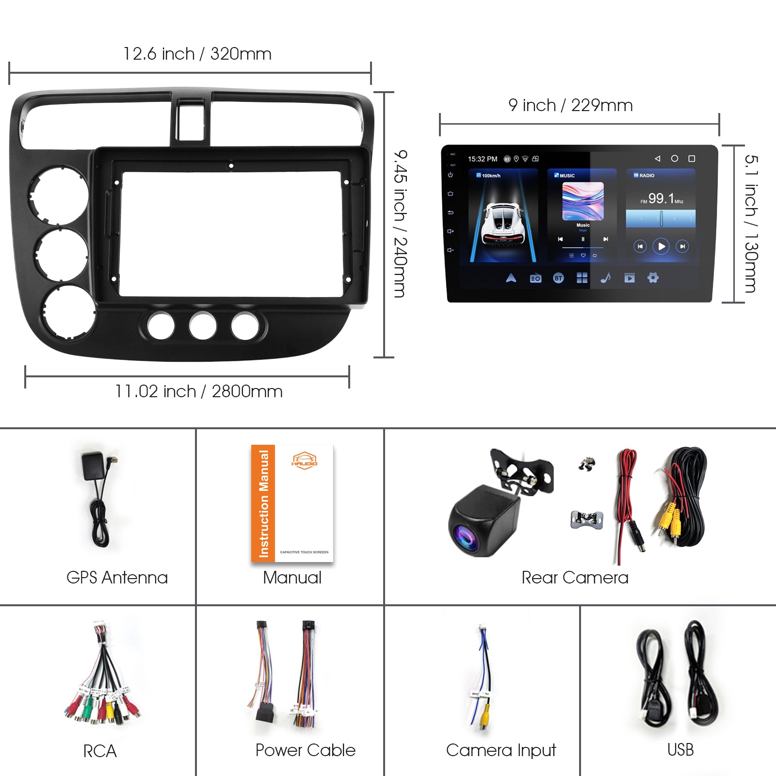 DOUNDY CVD9661-AJ 9" Double Din Car Stereo For Honda Civic