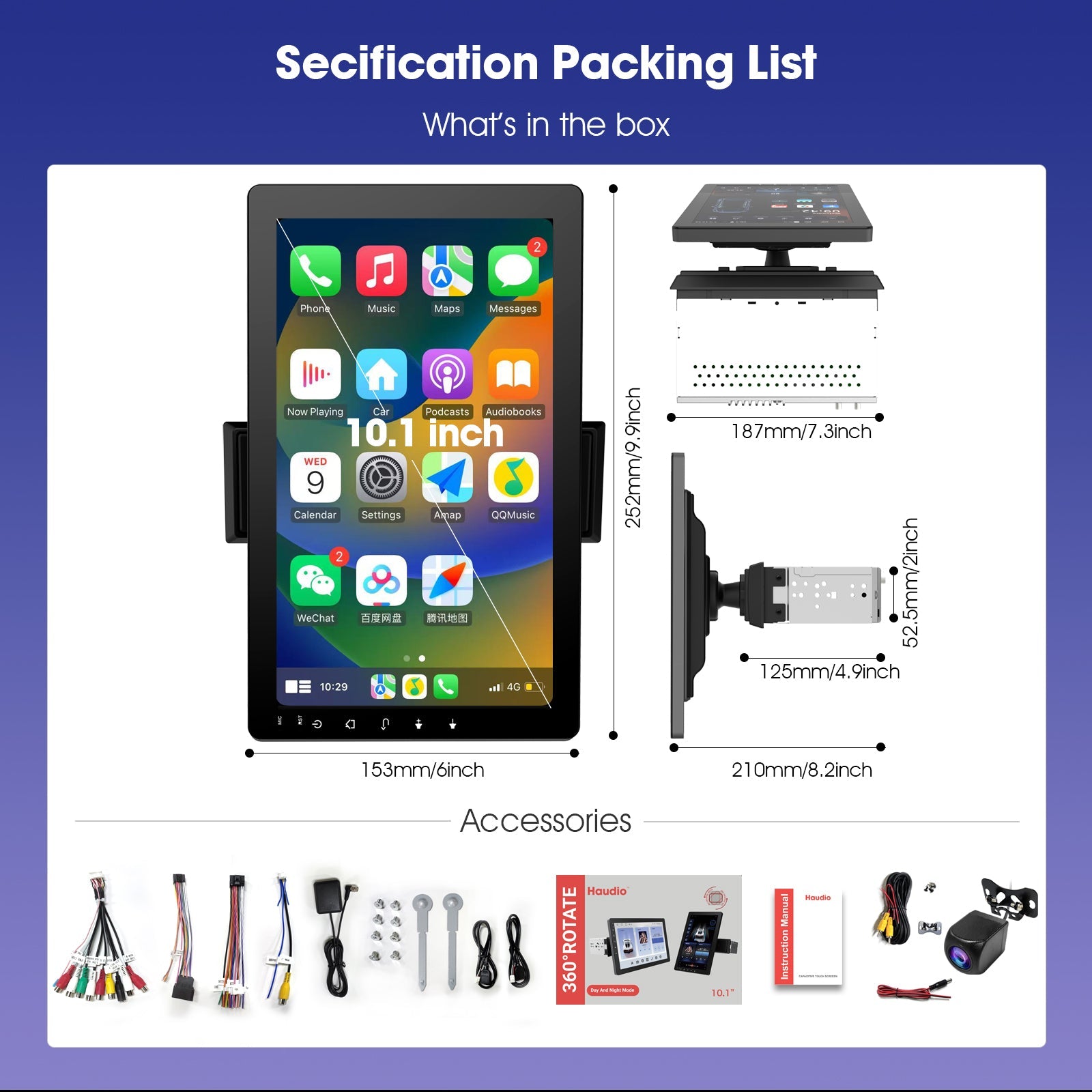 DOUNDY CVS1520A-AJ 10.1" Single Din Car Stereo